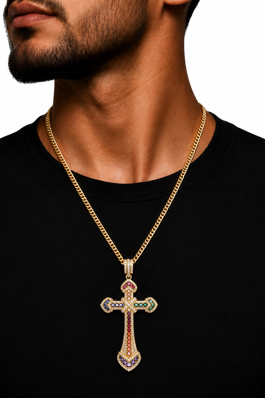 Colier Cruce Regală Gold Multicolor - Placat Aur Galben 18K cu Zirconii Multicolor
