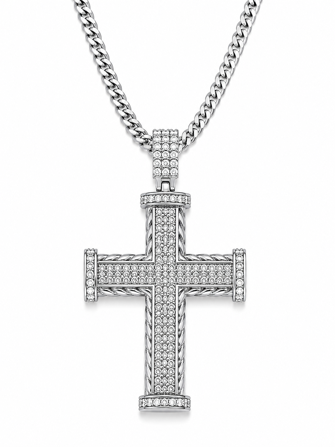 Colier Cruce Placat cu Aur Alb 18K cu Pietre Zirconiu Argintii