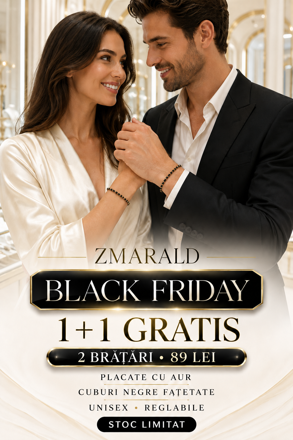 Bratara Cub Negru 1+1 - Placata cu Aur de 18K