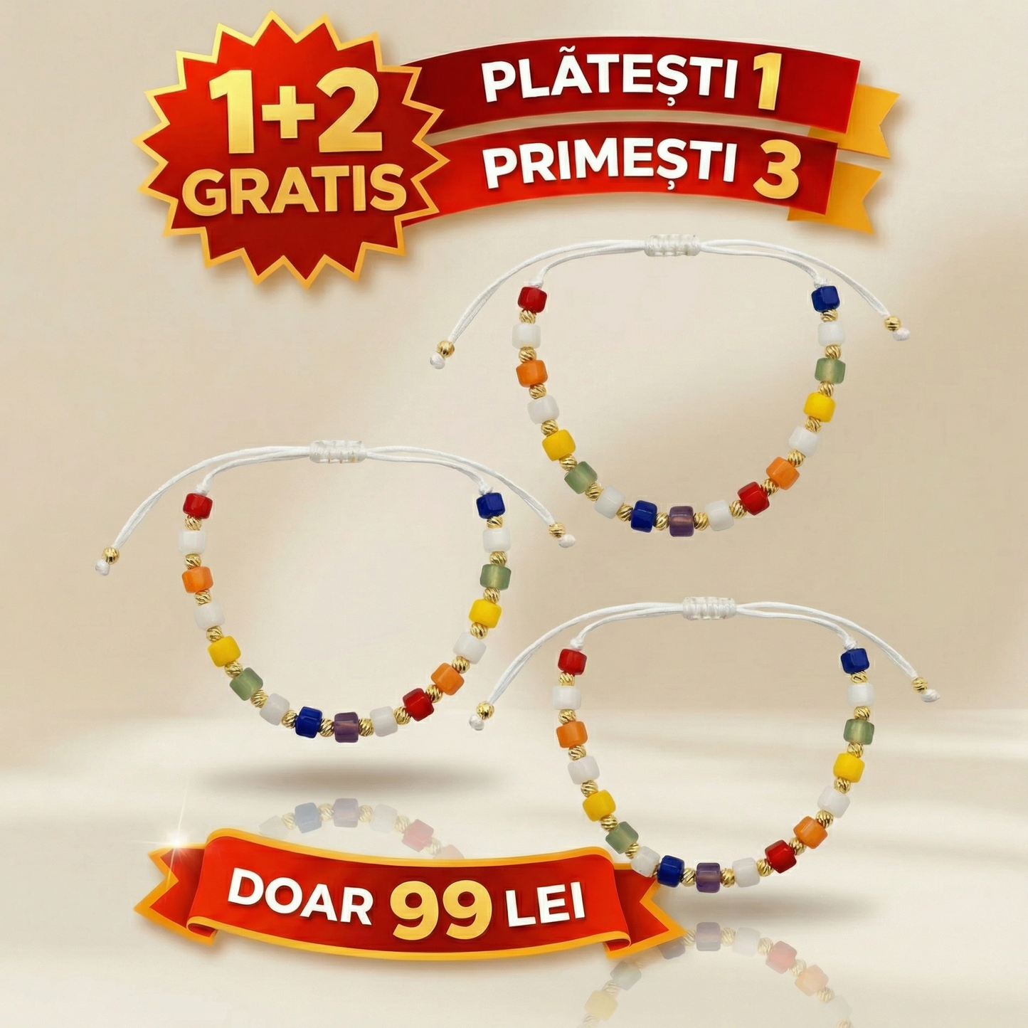 1+2 GRATIS Brățară cu Șnur Placată cu Aur 18k Stil Cub - Multicolor
