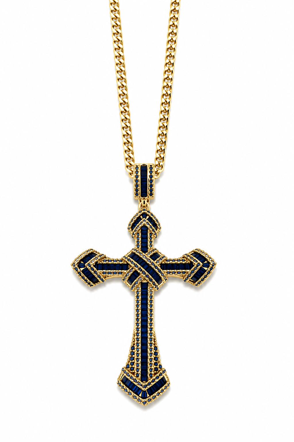 Colier Cruce Regală Gold Blue - Placat Aur Galben 18K cu Zirconii Albastru Închis