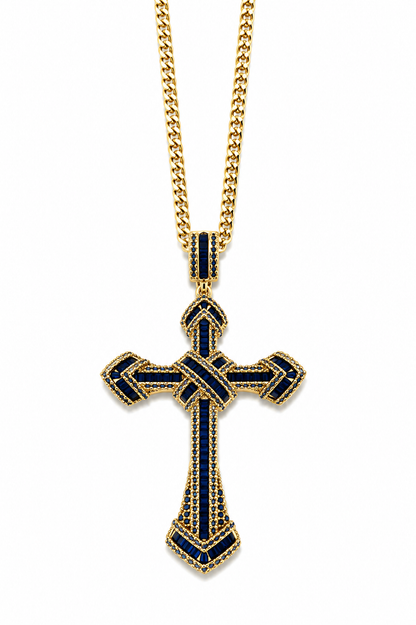 Colier Cruce Regală Gold Blue - Placat Aur Galben 18K cu Zirconii Albastru Închis