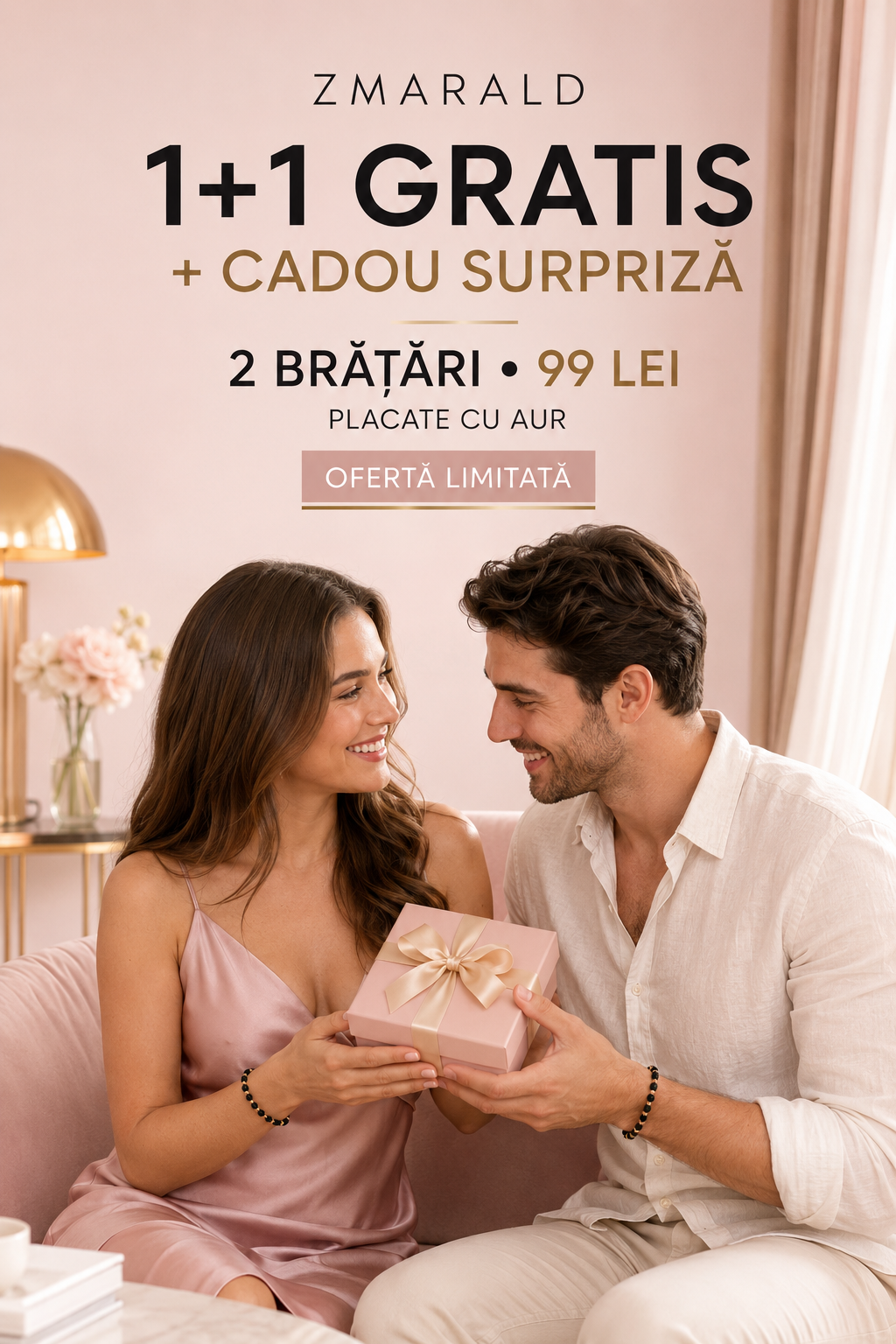 Bratara Cub Negru 1+1 + Cadou Surpriza- Placata cu Aur de 18K