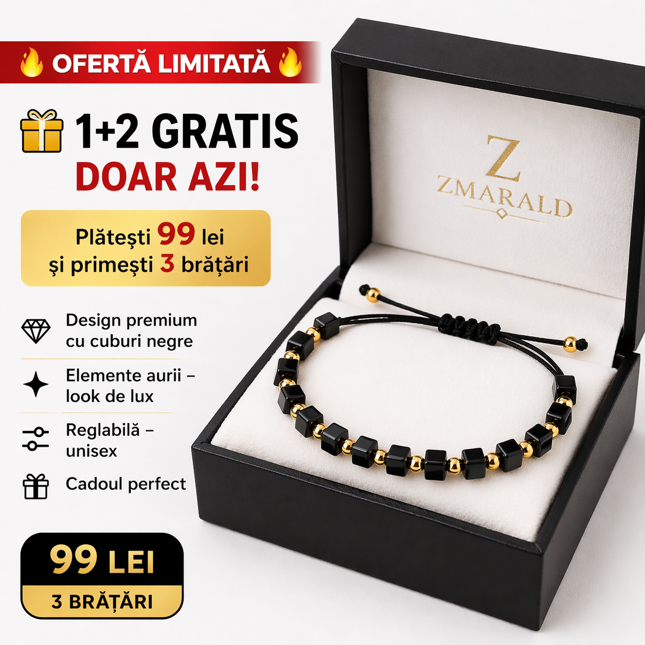 1+2 GRATIS Bratara cu snur placata cu aur stil cub