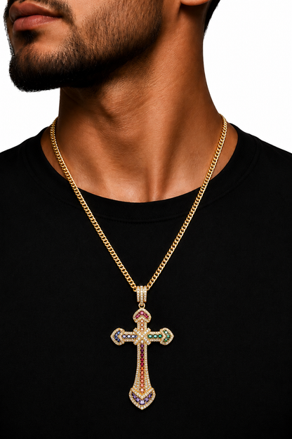 Colier Cruce Regală Gold Multicolor - Placat Aur Galben 18K cu Zirconii Multicolor