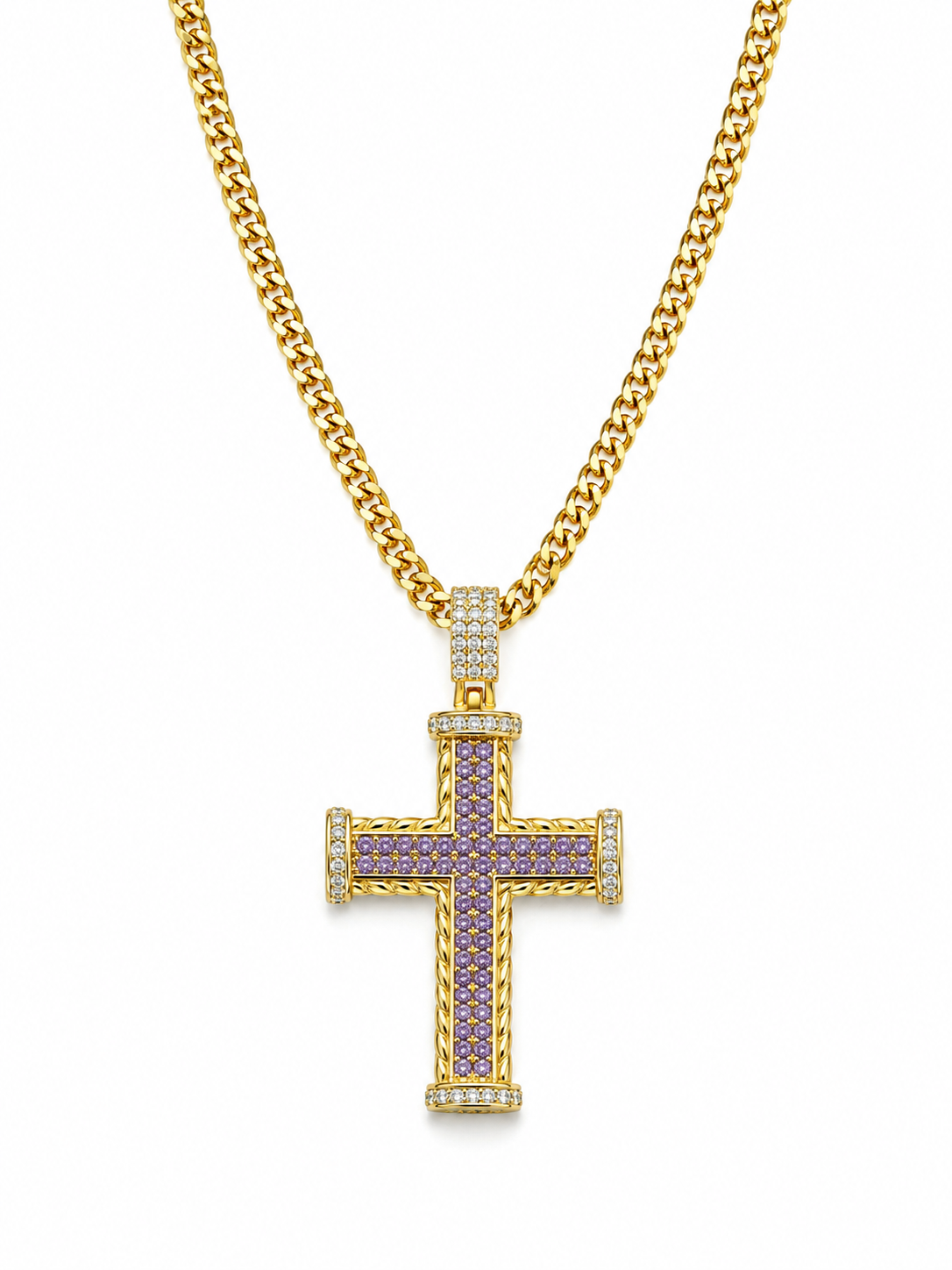 Colier Cruce Placat cu Aur 18K cu Pietre Zirconiu Mov
