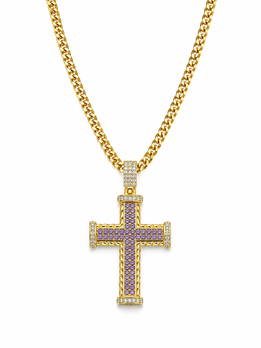 Colier Cruce Placat cu Aur 18K cu Pietre Zirconiu Mov
