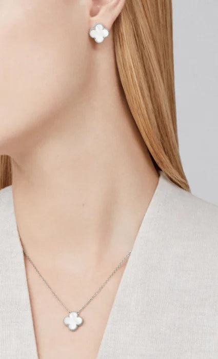 Set Argintiu Colier Și Cercei Floare Sidef Alb