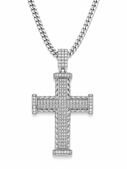 Colier Cruce Placat cu Aur Alb 18K cu Pietre Zirconiu Argintii