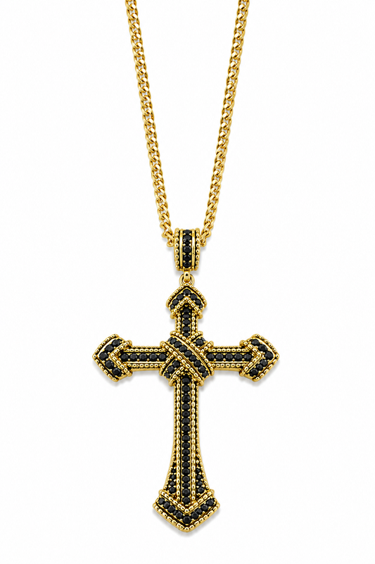 Colier Cruce Regală Gold Black - Placat Aur Galben 18K cu Zirconii Negre