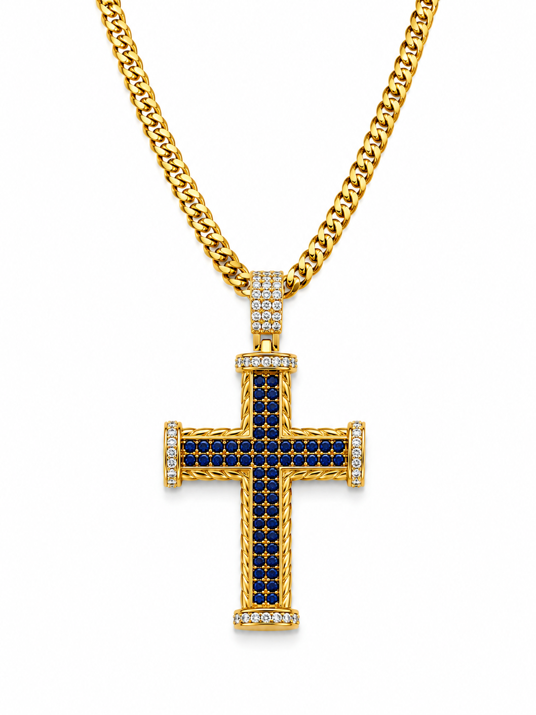 Colier Cruce Placat cu Aur 18K cu Pietre Zirconiu Albastre