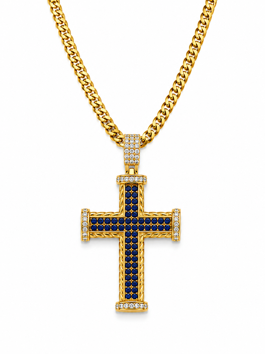 Colier Cruce Placat cu Aur 18K cu Pietre Zirconiu Albastre