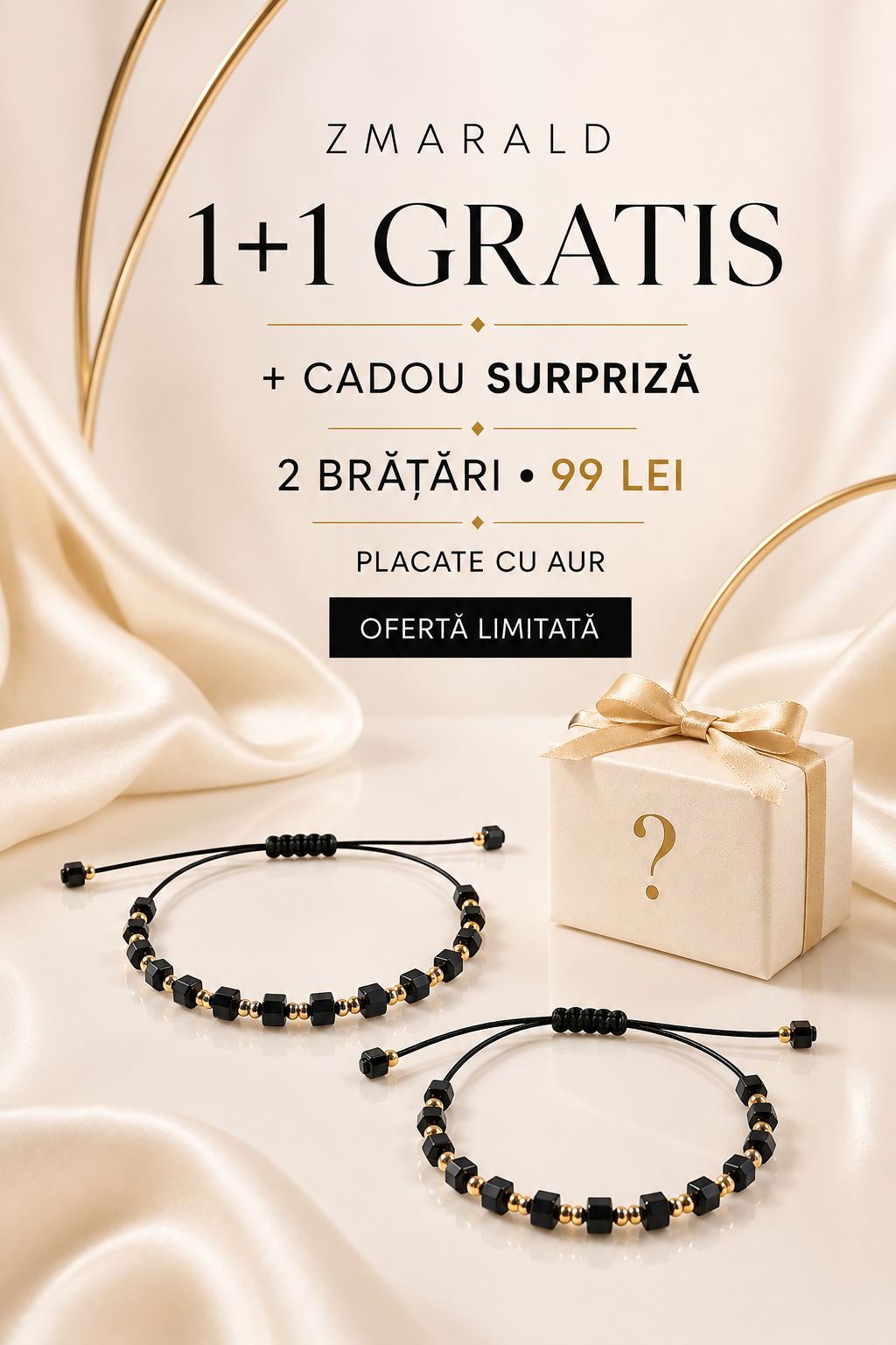 Bratara Cub Negru 1+1 + Cadou Surpriza- Placata cu Aur de 18K