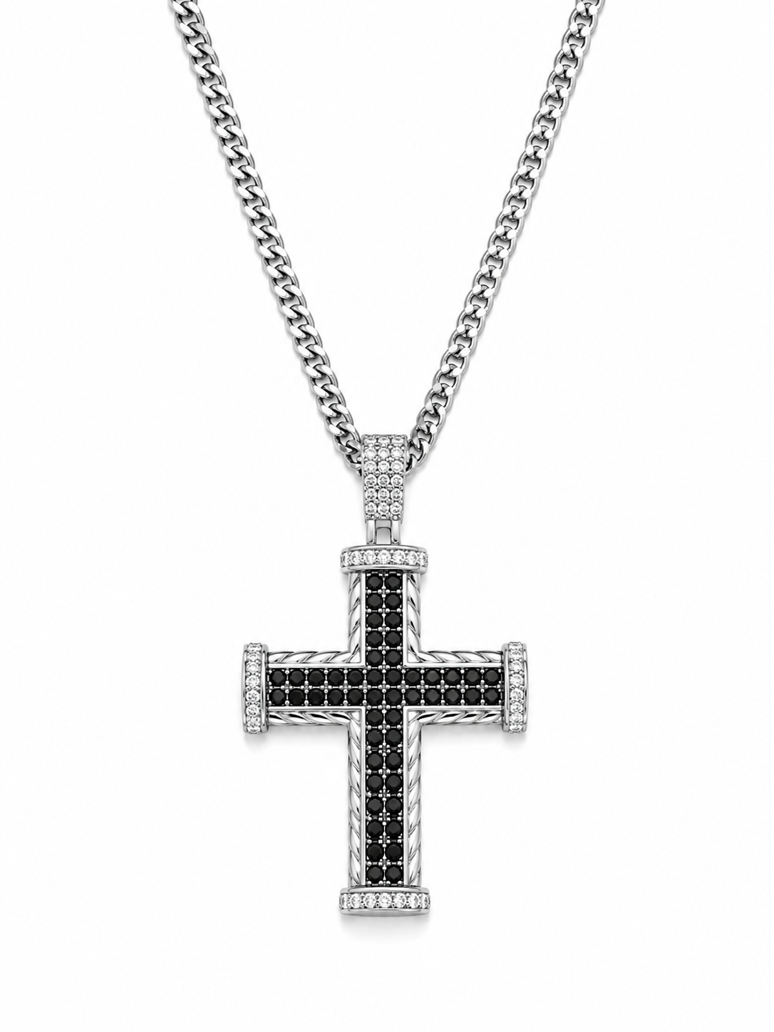 Colier Cruce Placat cu Aur Alb 18K cu Pietre Zirconiu Negre