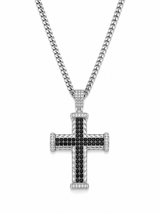 Colier Cruce Placat cu Aur Alb 18K cu Pietre Zirconiu Negre