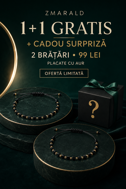 Bratara Cub Negru 1+1 + Cadou Surpriza- Placata cu Aur de 18K