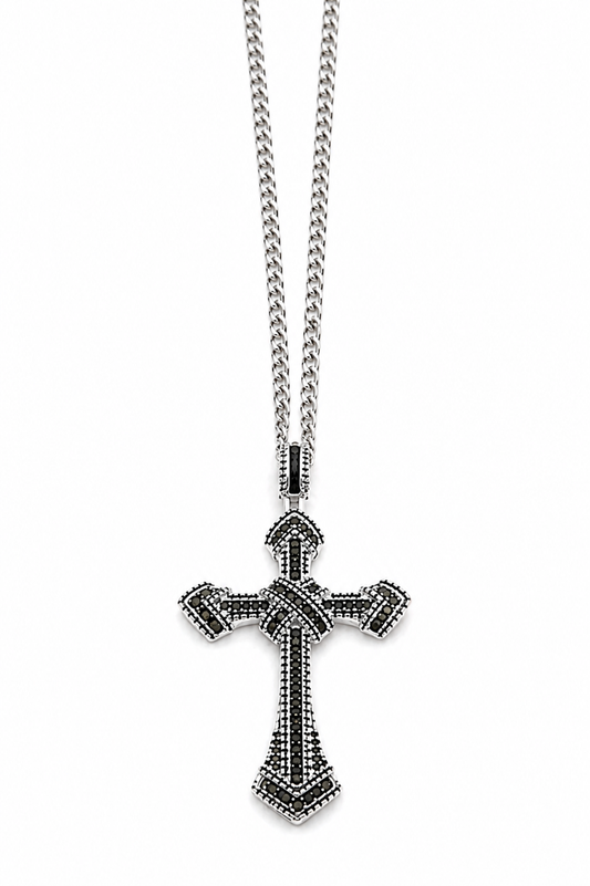 Colier Cruce Regală Black Silver - Placat Aur Alb cu Zirconii Negre