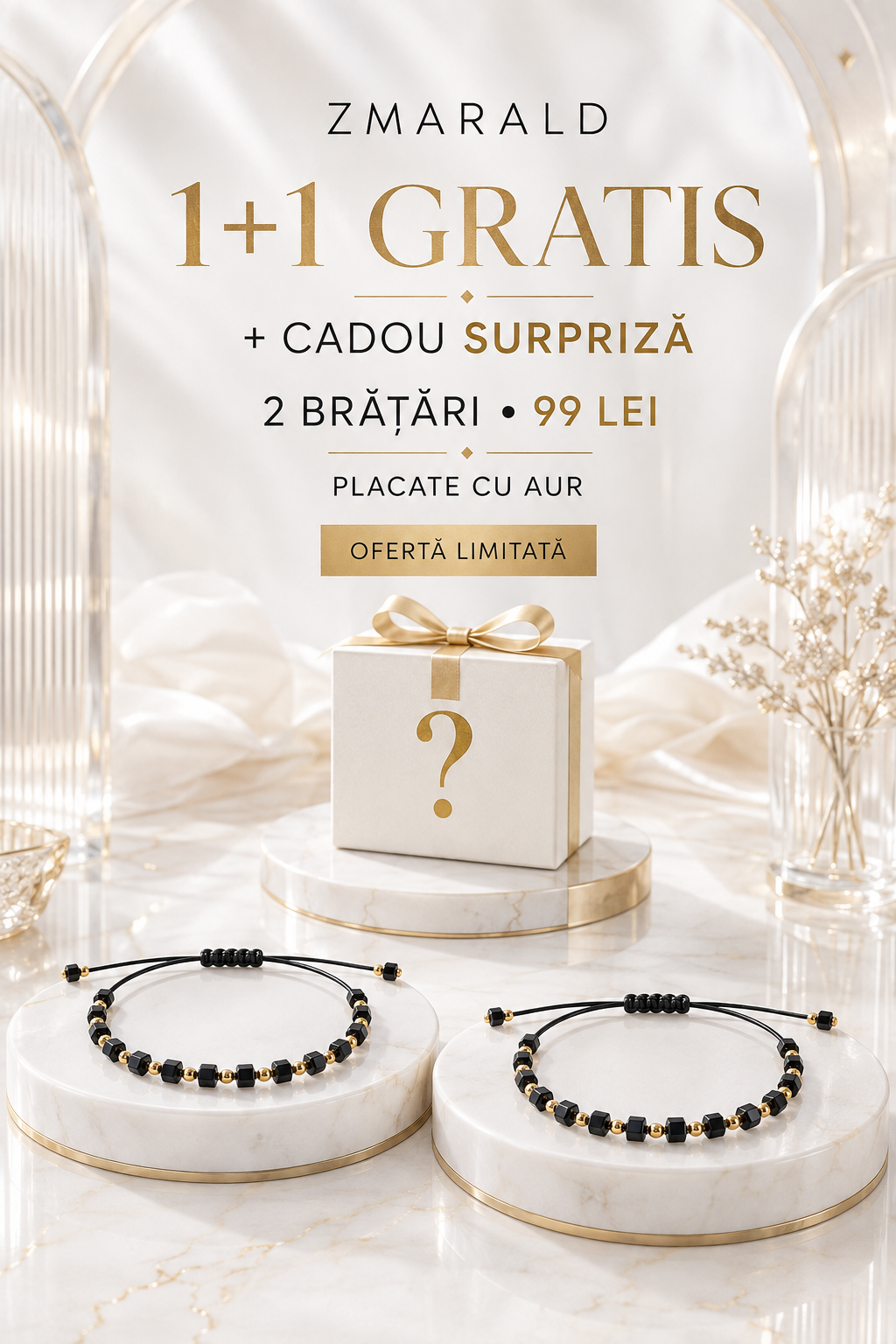 Bratara Cub Negru 1+1 + Cadou Surpriza- Placata cu Aur de 18K