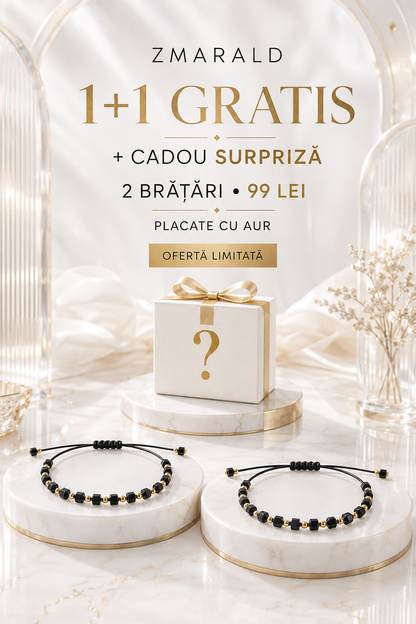 Bratara Cub Negru 1+1 + Cadou Surpriza- Placata cu Aur de 18K