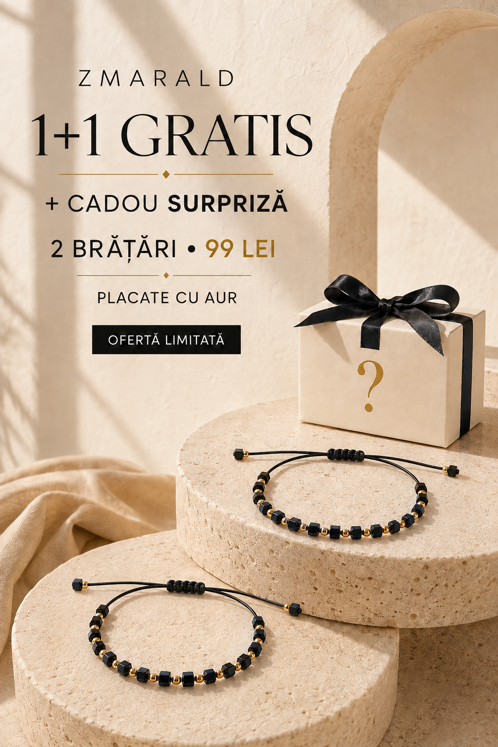 Bratara Cub Negru 1+1 + Cadou Surpriza- Placata cu Aur de 18K