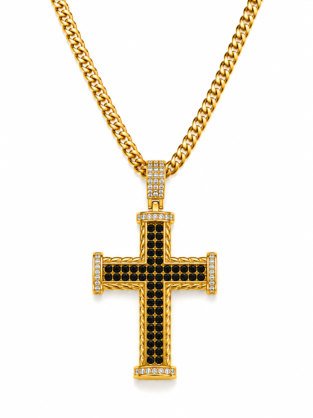 Colier Cruce Placat cu Aur 18K cu Pietre Zirconiu Negre