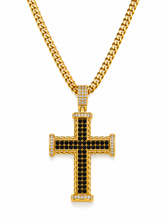 Colier Cruce Placat cu Aur 18K cu Pietre Zirconiu Negre