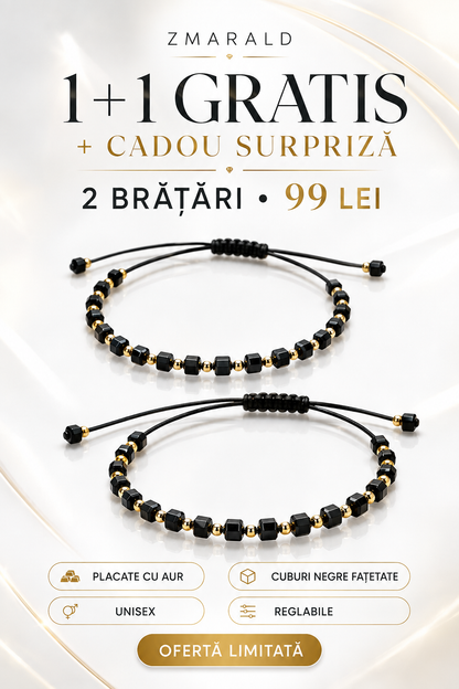 Bratara Cub Negru 1+1 + Cadou Surpriza- Placata cu Aur de 18K