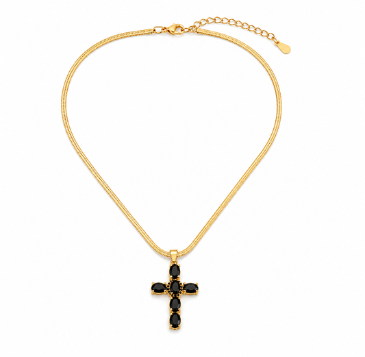 Lănțișor unisex auriu cu pandantiv cruce și pietre negre – eleganță sofisticată