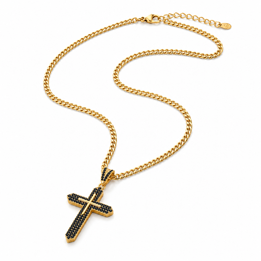 Colier cu Cruce și Pietre Negre Placat cu Aur 18K