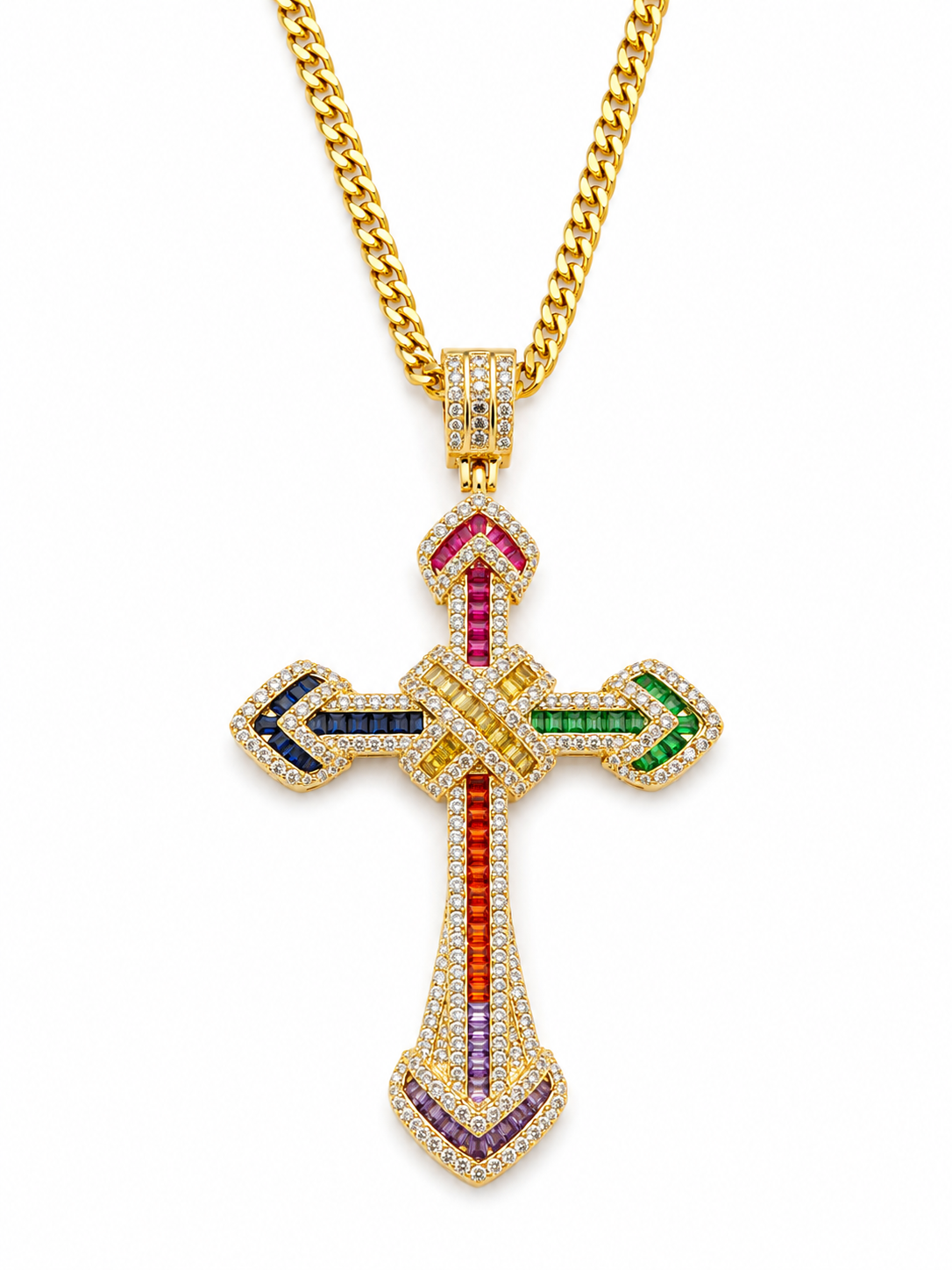 Colier Cruce Regală Gold Multicolor - Placat Aur Galben 18K cu Zirconii Multicolor