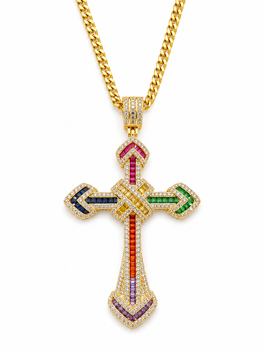 Colier Cruce Regală Gold Multicolor - Placat Aur Galben 18K cu Zirconii Multicolor