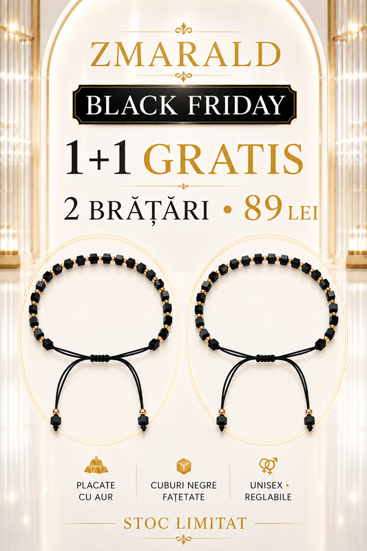 Bratara Cub Negru 1+1 - Placata cu Aur de 18K