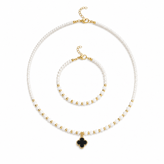 Set Elegant Clover Alb – Placat cu Aur 18K