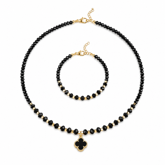 Set Elegant Clover Negru – Placat cu Aur 18K