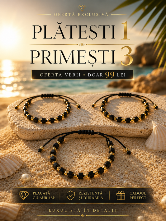 1+2 GRATIS Brățară cu Șnur Placată cu Aur 18k Stil Cub - Negru