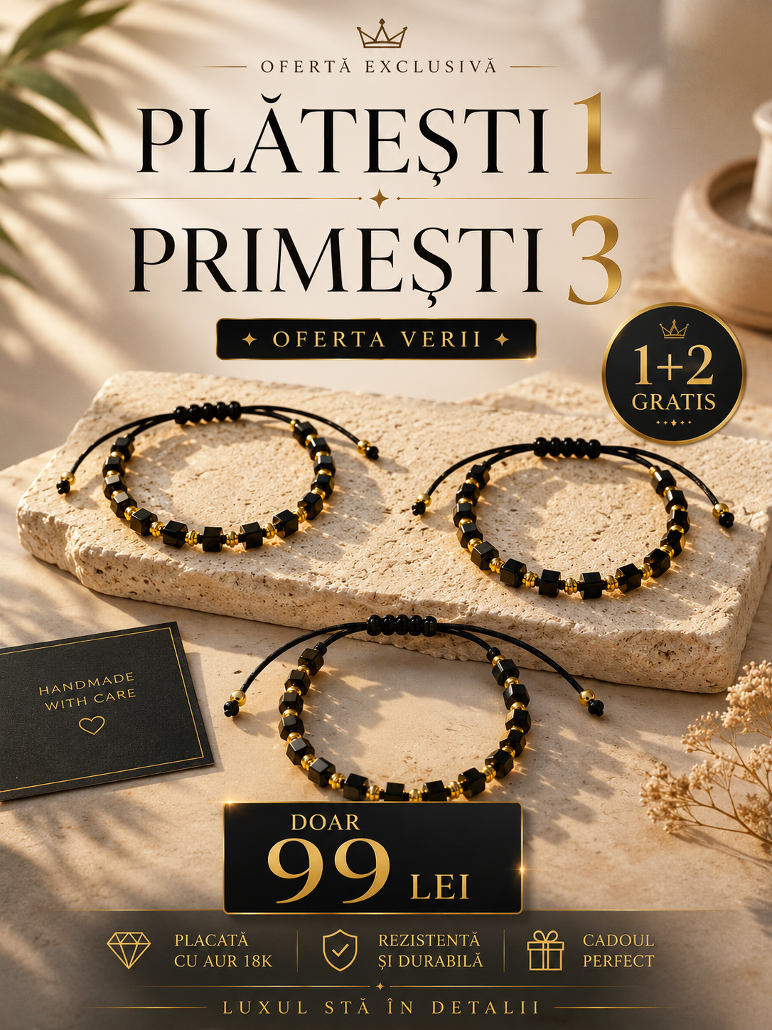 1+2 GRATIS Brățară cu Șnur Placată cu Aur 18k Stil Cub - Negru