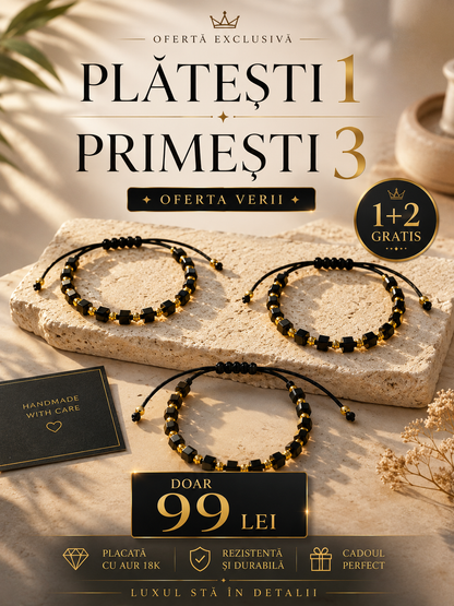 1+2 GRATIS Brățară cu Șnur Placată cu Aur 18k Stil Cub - Negru