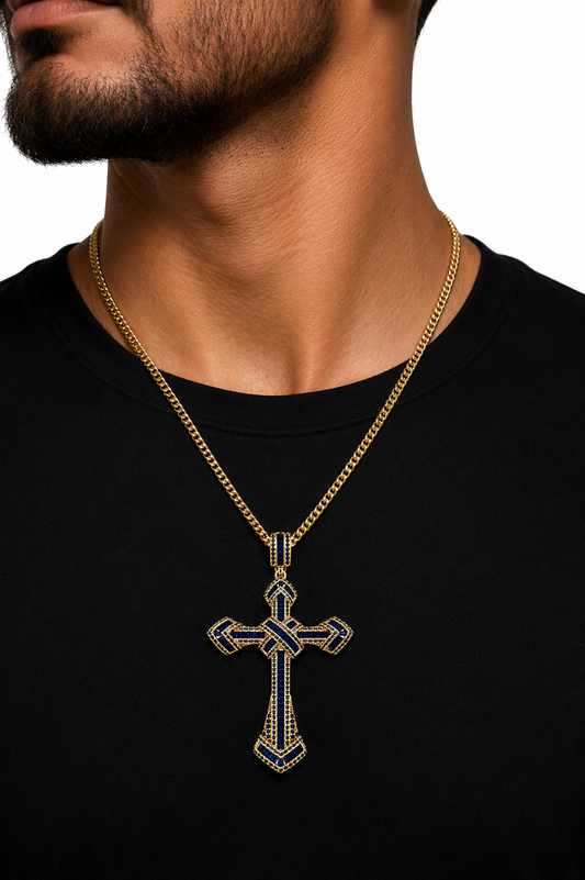 Colier Cruce Regală Gold Blue - Placat Aur Galben 18K cu Zirconii Albastru Închis