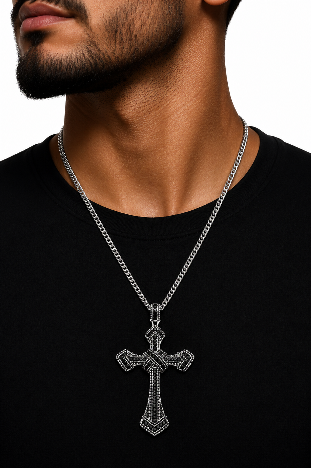 Colier Cruce Regală Black Silver - Placat Aur Alb cu Zirconii Negre