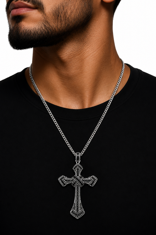 Colier Cruce Regală Black Silver - Placat Aur Alb cu Zirconii Negre