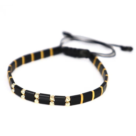 Brățară cu 10 Biluțe  placate cu aur 14K și Mărgele Miyuki Negru Lucios, Șnur Reglabil