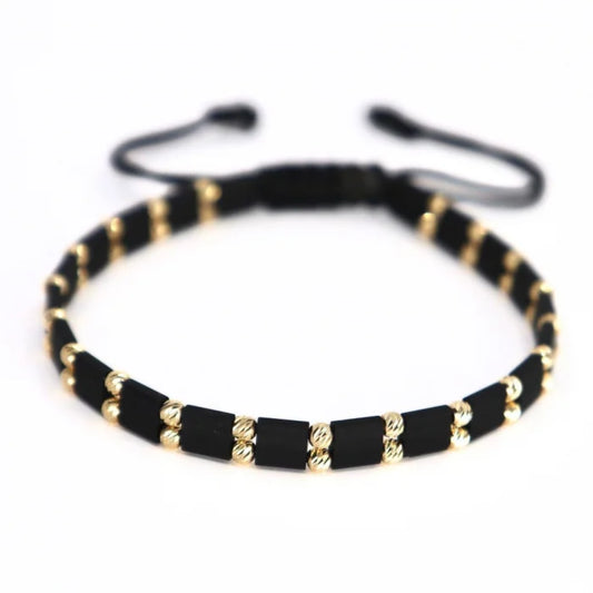 Brățară cu Biluțe placate cu aur 14K și Mărgele Miyuki Negru Mat, Șnur Reglabil