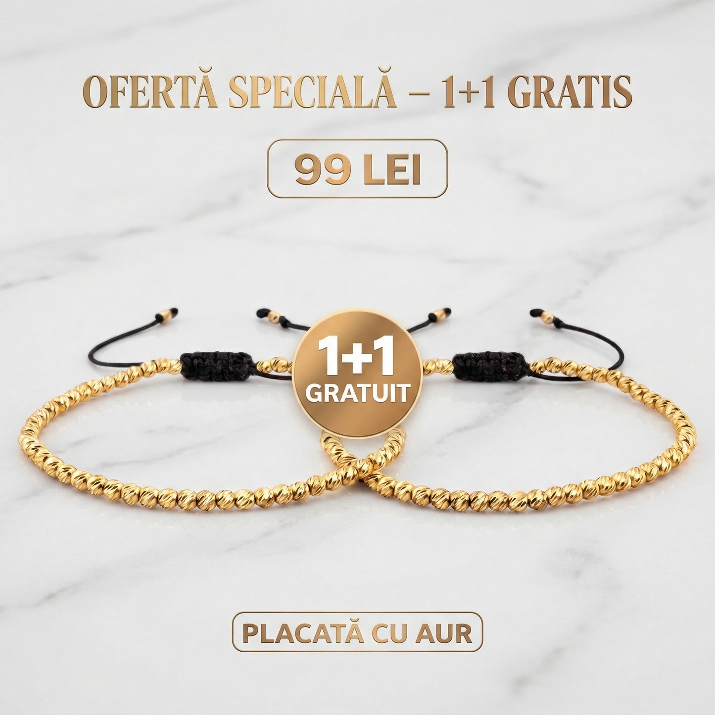 1+1 Brățară cu Biluțe Placate cu Aur, Șnur Reglabil, Unisex