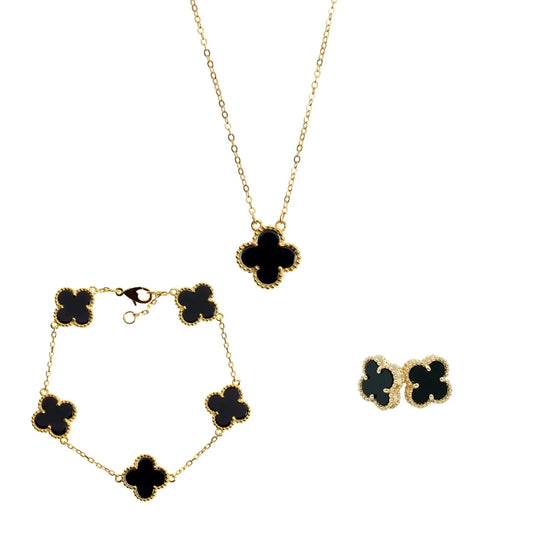 Set Bratara, Colier si Cercei Lucky cu Trifoi, Negru cu Auriu